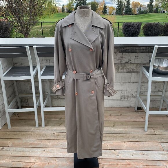 Vintage 90s Double Breasted Classic Beige Belted Long Preppy Trench Coat - Picture 1 of 16